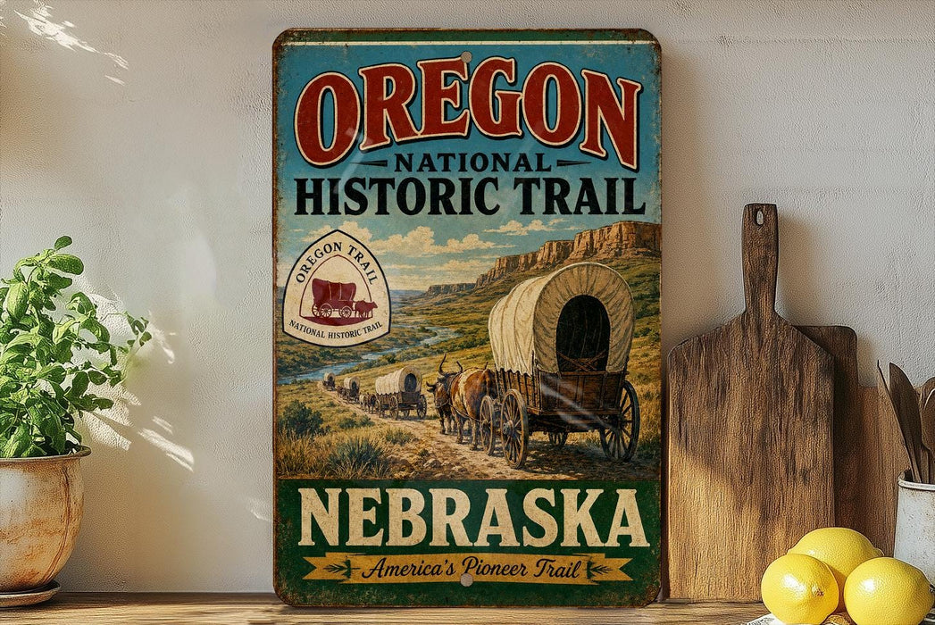 a vintage-style sign for Oregon National Historic Trail, with a wagon train depicted on the sign. The sign is displayed on a shelf next to a wooden cutting board and a potted plant.