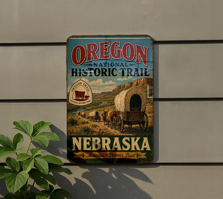a vintage-style sign for the Oregon National Historic Trail, depicting a wagon train traveling through a scenic landscape.