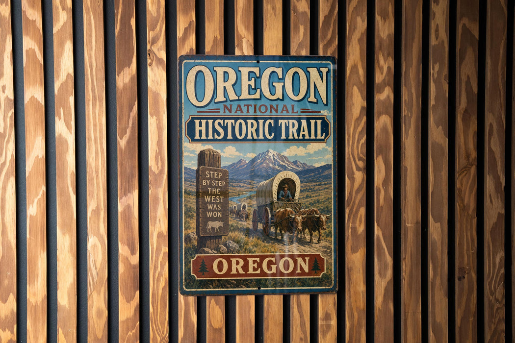 A vintage-style sign for the Oregon National Historic Trail, featuring a wagon train and mountains in the background.