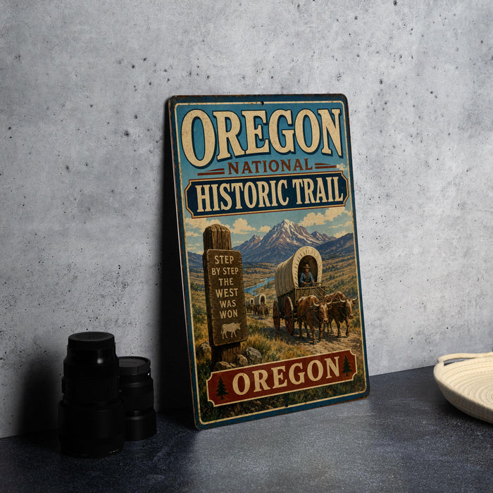 A vintage-style metal sign for the Oregon National Historic Trail, featuring an illustration of a wagon and a sign that says "Step in Step the West was won".