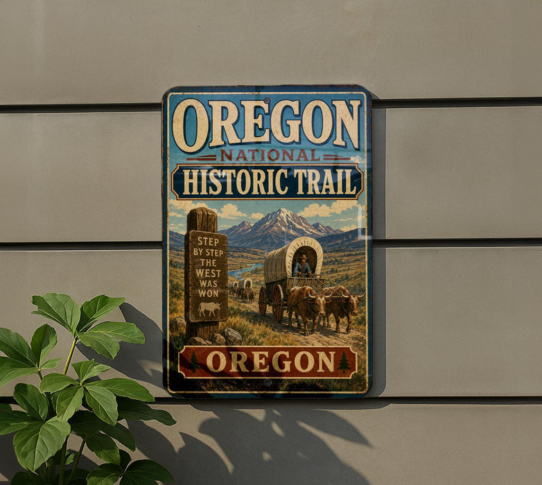 a vintage-style sign for the Oregon National Historic Trail, depicting a wagon train traveling through a scenic landscape with mountains in the background.
