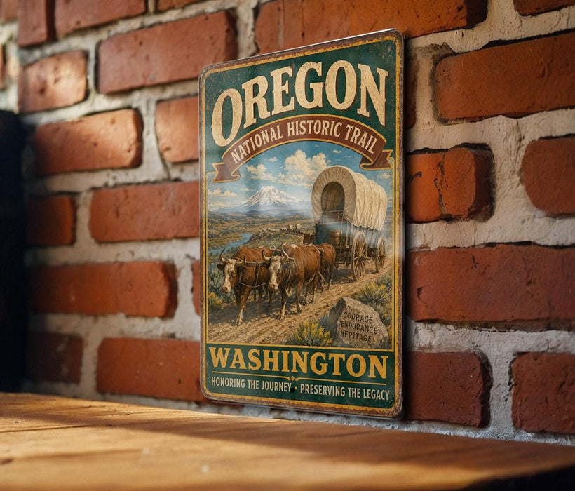 A vintage-style metal sign for the Oregon National Historic Trail, featuring an illustration of a covered wagon traveling through a scenic landscape.
