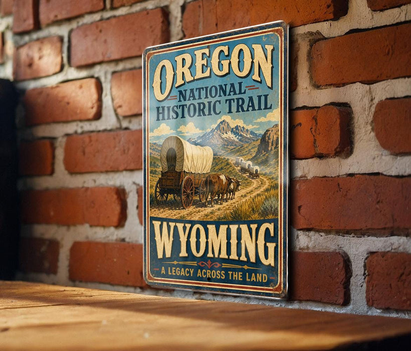 A vintage-style metal sign for the Oregon National Historic Trail, featuring an illustration of a covered wagon traveling through a scenic landscape with mountains in the background.