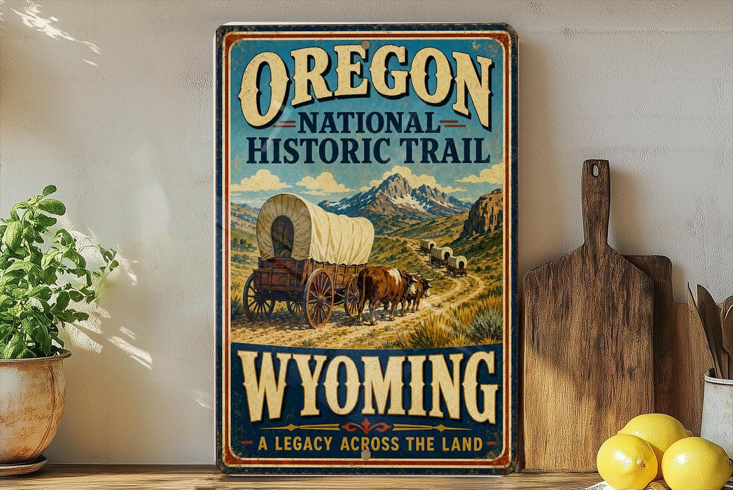 A vintage-style sign for the Oregon National Historic Trail, featuring a wagon train traveling through a scenic landscape with mountains in the background.