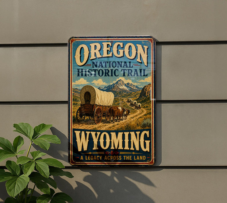 A vintage-style sign for the Oregon National Historic Trail, featuring a wagon train and mountains in the background.