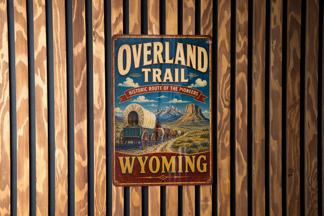 A vintage-style metal sign with the text "Overland Trail Historic Route of the Pioneers Wyoming" is displayed on a wooden wall.
