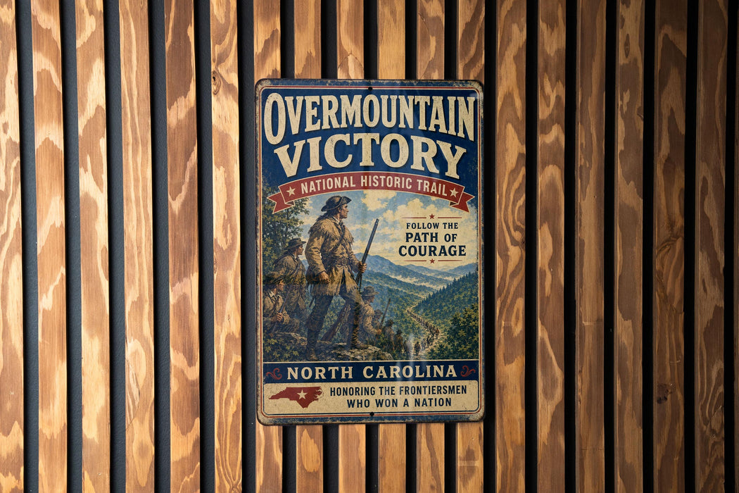 a vintage-style metal sign with a historical theme, mounted on a wooden wall.