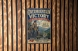 a vintage-style metal sign with a historical theme, mounted on a wooden wall.
