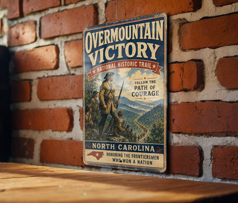 a vintage-style metal sign with a historical theme, mounted on a brick wall.