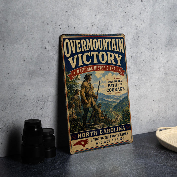 a vintage metal sign with a historical theme, placed on a table next to some photography equipment.