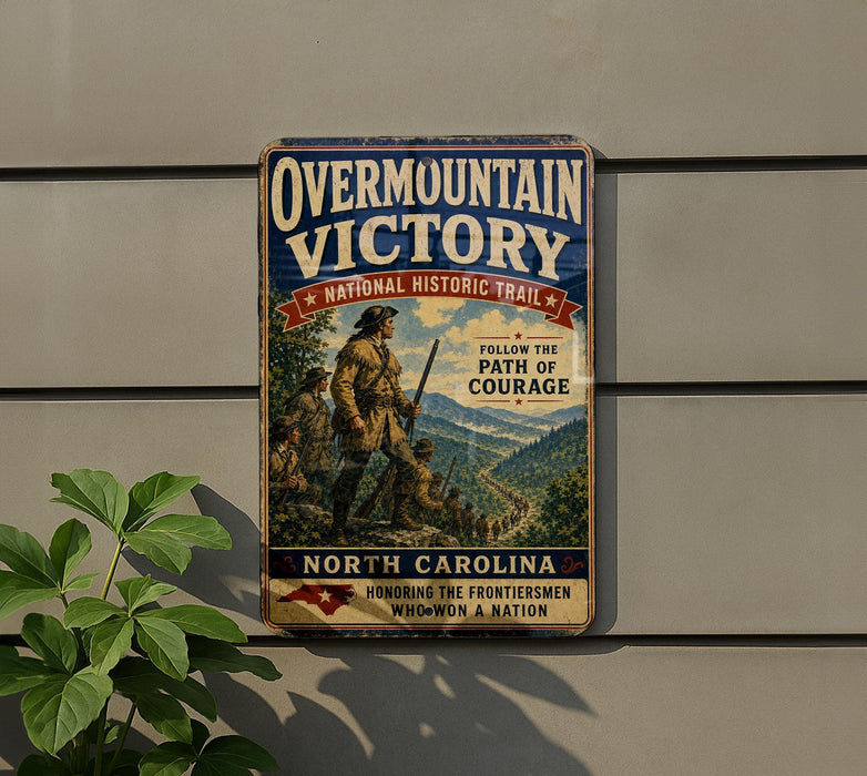 a vintage metal sign with a historical theme, mounted on a wall next to a plant.