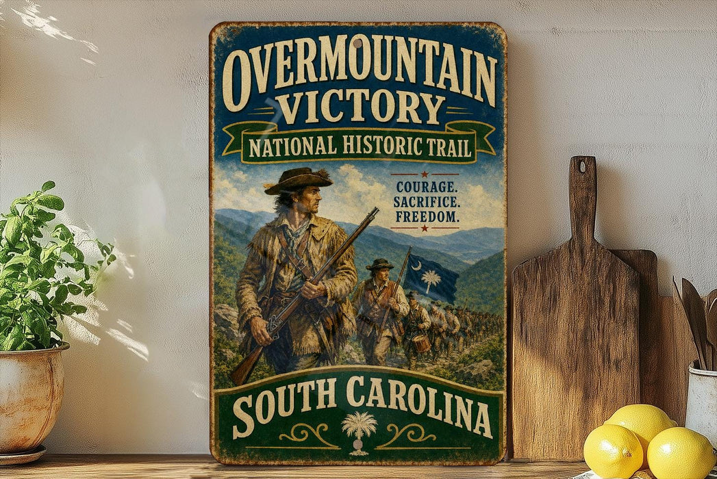 a vintage-style sign for the Overmountain Victory National Historic Trail in South Carolina, with a historical illustration of a group of people on a trail.