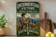 a vintage-style sign for the Overmountain Victory National Historic Trail in South Carolina, with a historical illustration of a group of people on a trail.