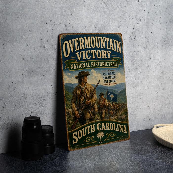 a vintage metal sign with a historical theme, depicting a group of people in a historical setting, likely representing the South Carolina National Historic Trail.