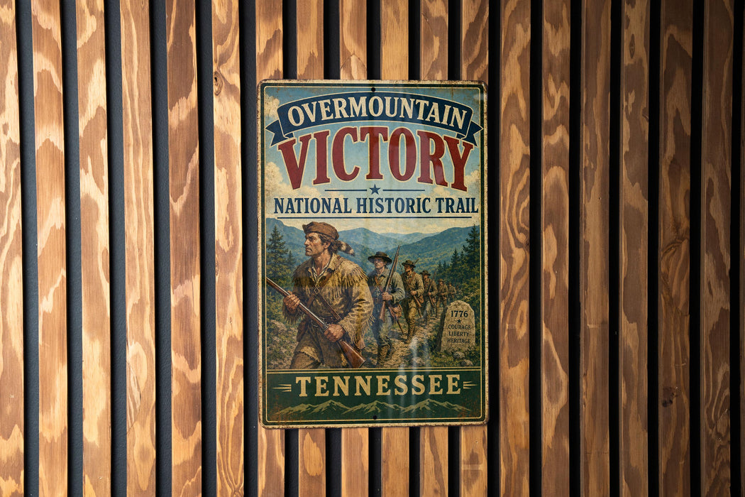 a vintage-style metal sign with the text "Overmountain Victory National Historic Trail" and "Tennessee" printed on it, mounted on a wooden wall.