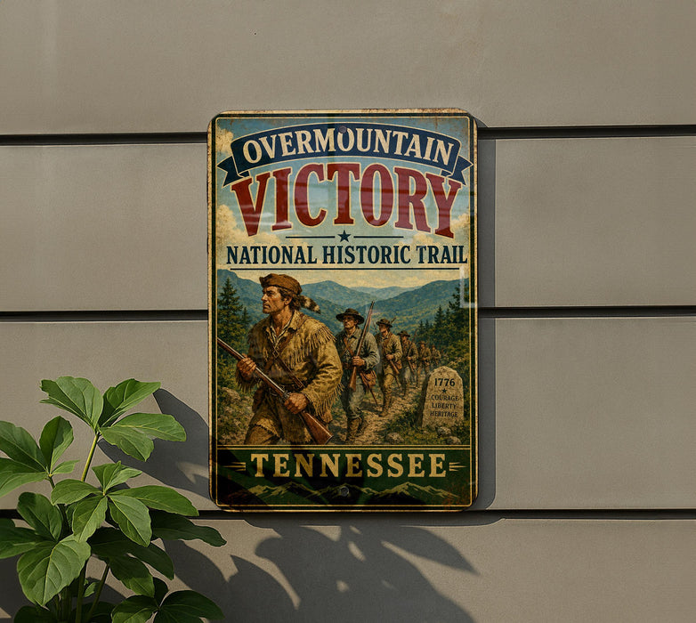 a vintage-style metal sign with a historical theme, mounted on a wall next to a plant.