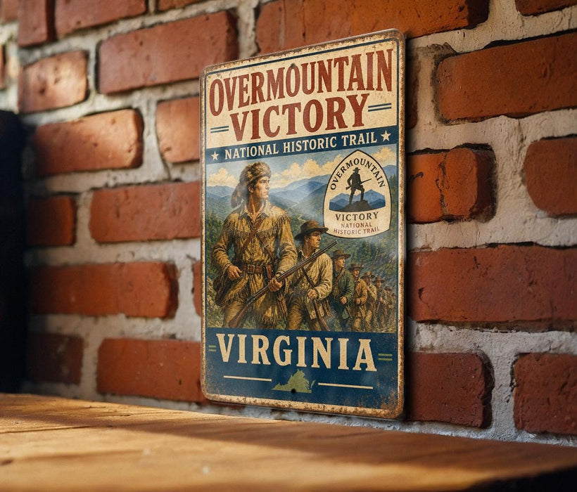 a vintage metal sign with the text "Overmountain Victory" and "National Historic Trail" displayed on it, mounted on a brick wall.