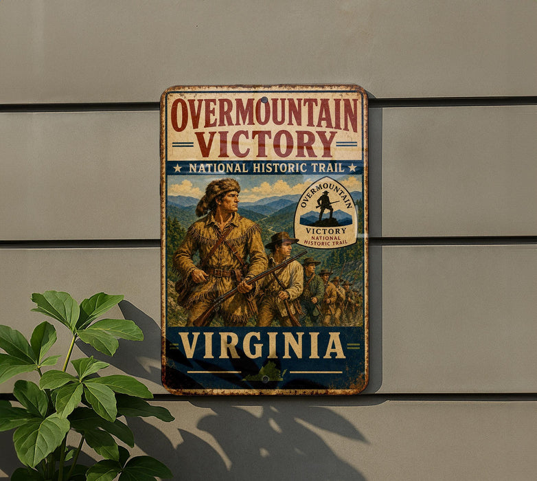 a vintage metal sign for the Overmountain Victory National Historic Trail in Virginia, with a depiction of a group of people on a trail.