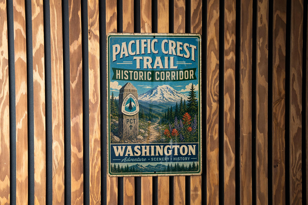 A vintage-style metal sign for the Pacific Crest Trail Historic Corridor in Washington, featuring a mountain landscape and a trail marker.