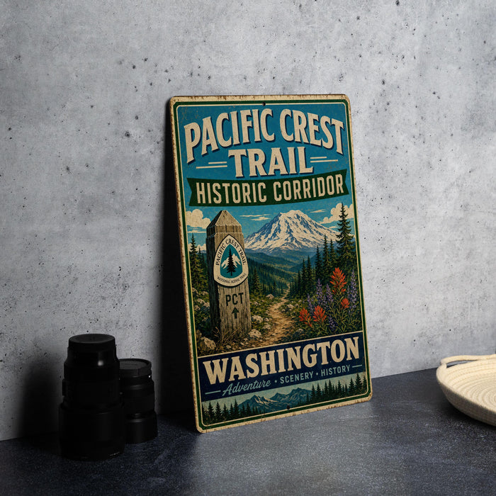 A vintage-style metal sign for the Pacific Crest Trail Historic Corridor in Washington, featuring a mountain landscape and the trail name.