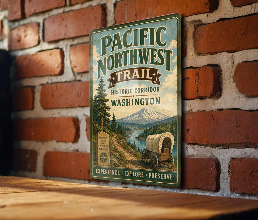A vintage-style sign for the Pacific Northwest Trail, featuring a scenic mountain landscape and a wagon train, mounted on a brick wall.