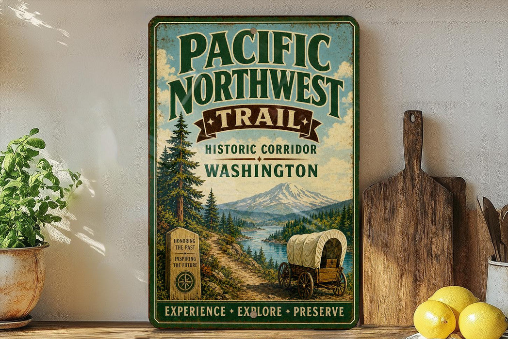 a vintage-style metal sign for the Pacific Northwest Trail, with a scenic illustration of a trail surrounded by mountains, pine trees, and a wagon. The sign is displayed on a shelf next to a wooden cutting board and a potted plant.