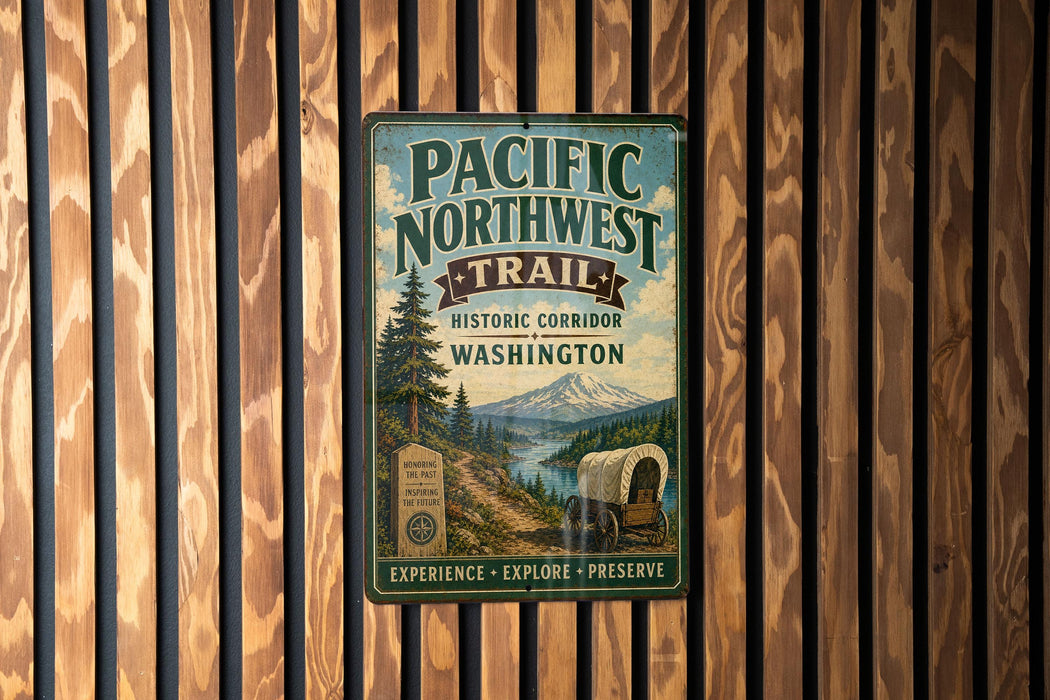 A vintage-style metal sign for the Pacific Northwest Trail Historic Corridor Washington, featuring a wagon train and a mountain landscape.