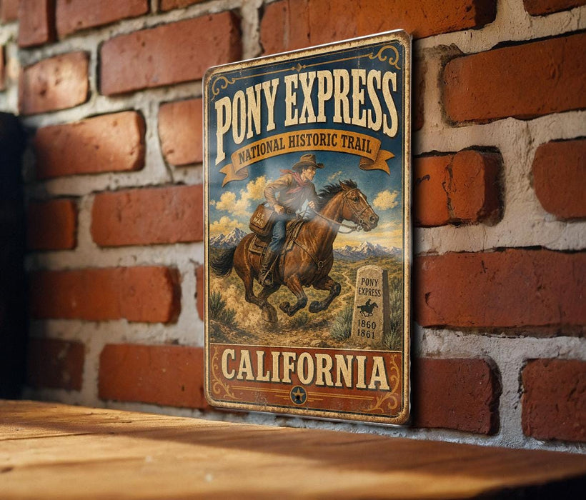 A vintage-style metal sign for Pony Express National Historic Trail in California, featuring a cowboy riding a horse.