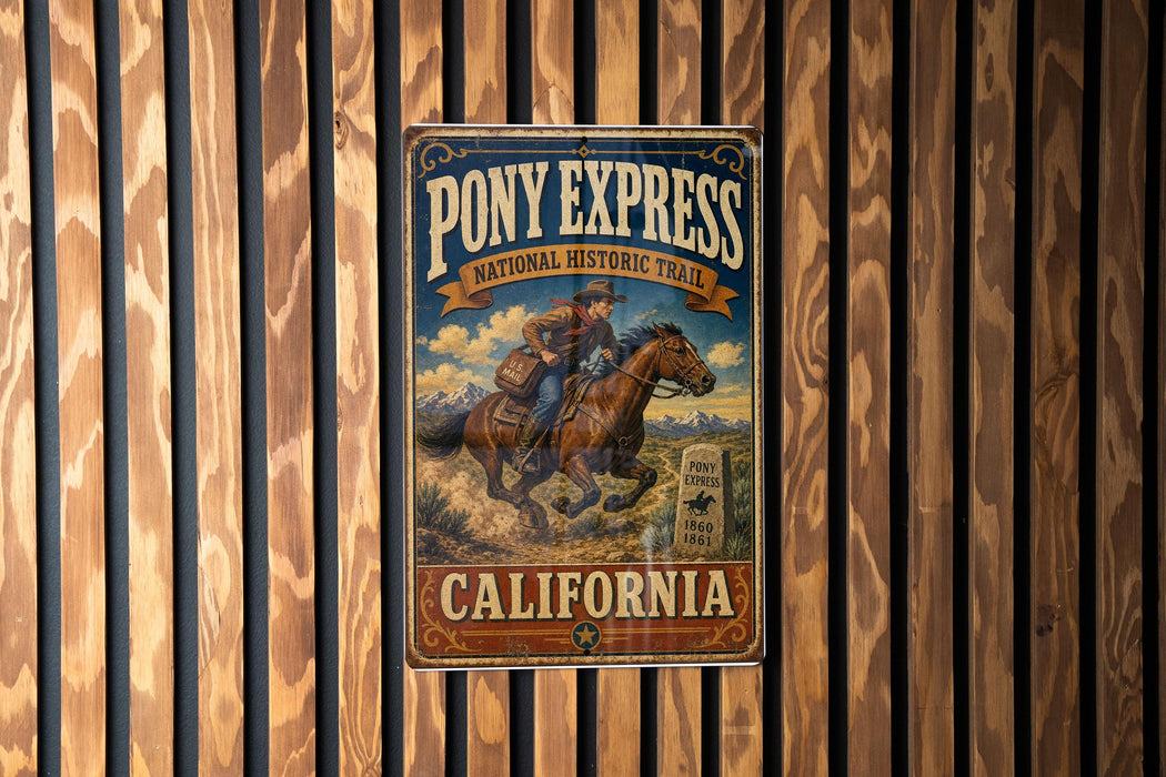 A vintage-style metal sign for Pony Express National Historic Trail in California, featuring a cowboy riding a horse.