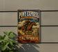 A vintage-style metal sign for Pony Express National Historic Trail in California, featuring a cowboy riding a horse.