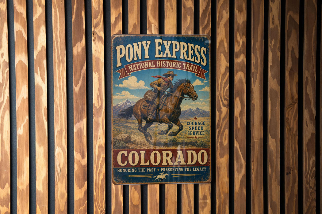 A vintage-style metal sign for Pony Express National Historic Trail in Colorado, featuring a cowboy riding a horse.