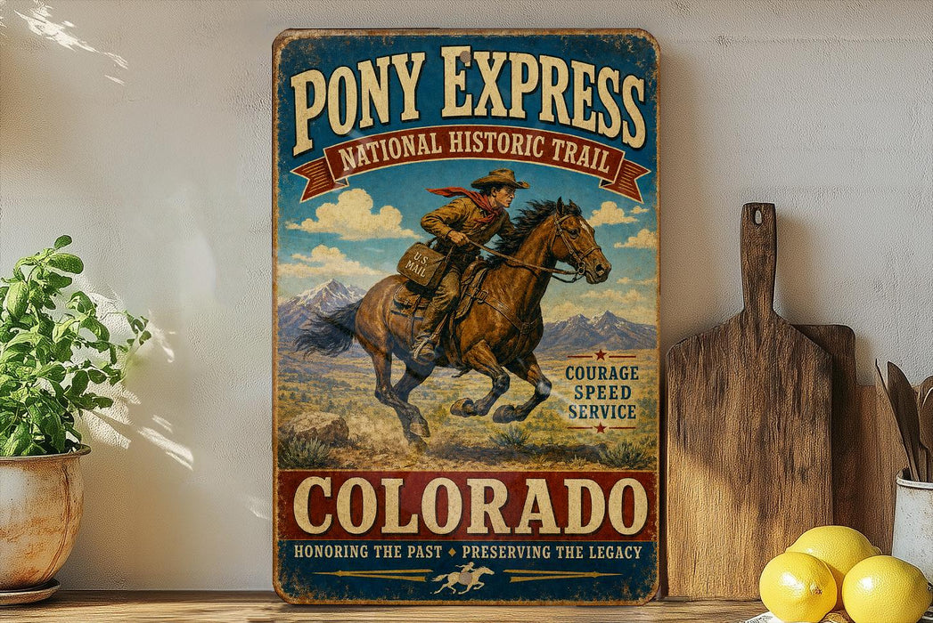 A vintage-style sign for Pony Express National Historic Trail in Colorado, featuring a cowboy riding a horse.
