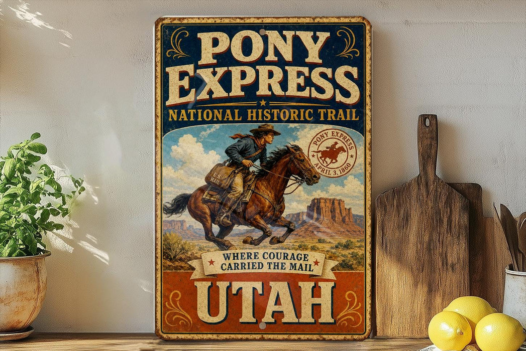 A vintage-style metal sign for Pony Express National Historic Trail, featuring a cowboy riding a horse and the text "Where courage carried the mail to Utah".