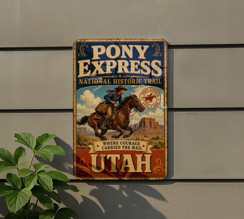 A vintage-style metal sign for Pony Express National Historic Trail, featuring a cowboy riding a horse and the text "Where courage carried the mail" and "UTAH".