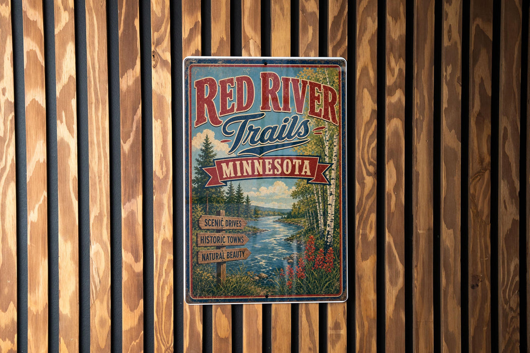 A vintage-style sign for the Red River Trail in Minnesota, featuring a scenic image of a river surrounded by trees and mountains.