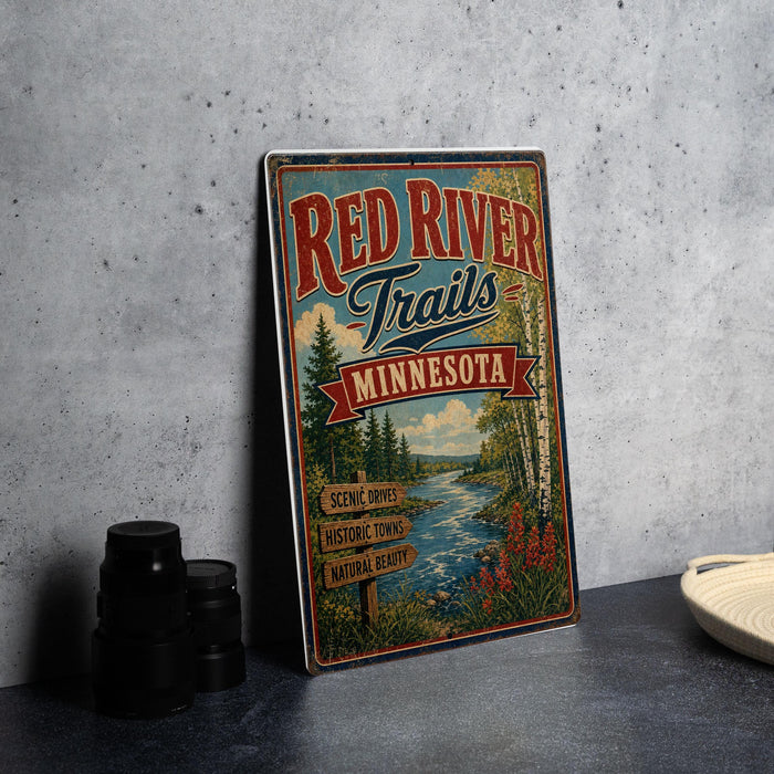 A vintage-style metal sign for the Red River Trail in Minnesota, featuring a scenic drive, historic towns, natural beauty, and a river surrounded by trees.
