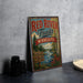 A vintage-style metal sign for the Red River Trail in Minnesota, featuring a scenic drive, historic towns, natural beauty, and a river surrounded by trees.