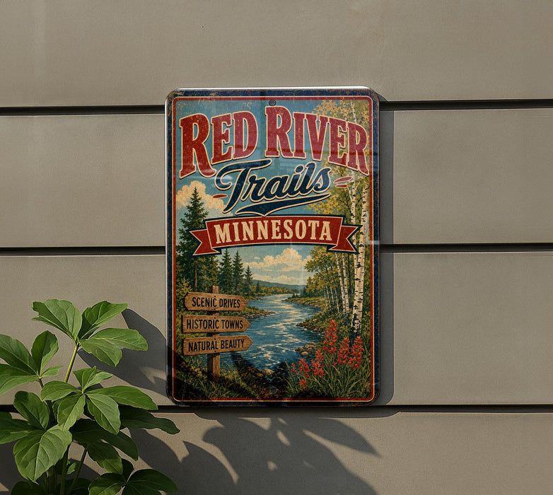 A vintage-style sign for the Red River Trail in Minnesota, featuring a scenic landscape with a river, trees, and flowers.