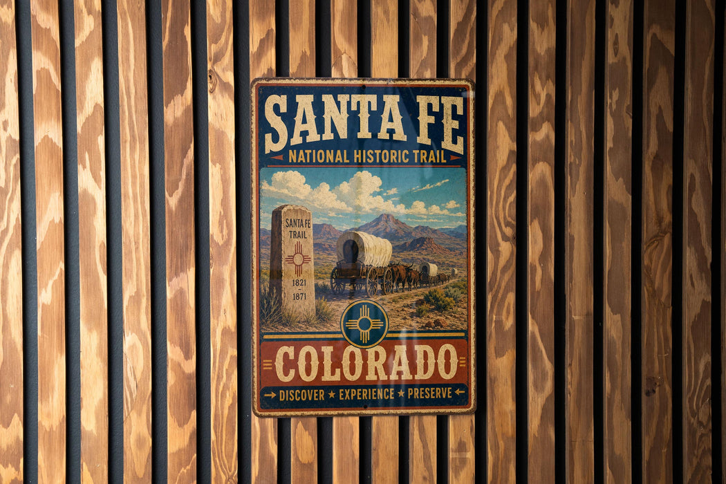 A vintage-style metal sign for the Santa Fe National Historic Trail in Colorado, featuring a wagon train and mountains in the background.