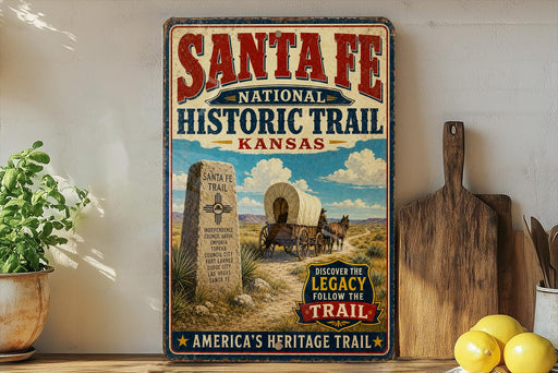 a vintage-style sign for the Santa Fe National Historic Trail in Kansas, with a wagon train and a stone marker in the foreground.