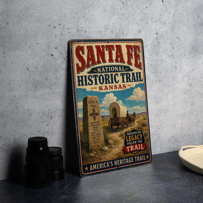 a vintage-style sign for the Santa Fe National Historic Trail in Kansas, with a wagon train illustration and the text "America's Heritage Trail" prominently displayed.