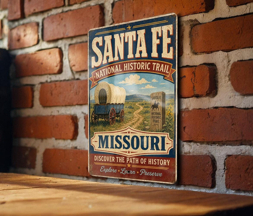 A vintage-style sign for the Santa Fe National Historic Trail in Missouri, featuring an illustration of a wagon on a trail surrounded by a scenic landscape.