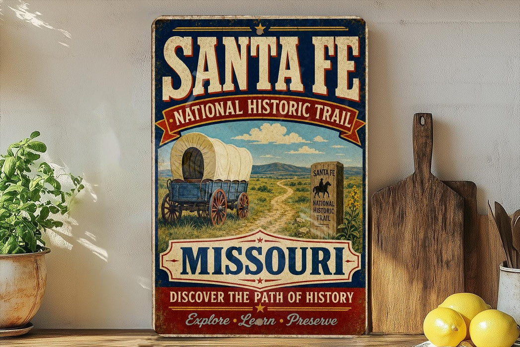 A vintage-style sign for the National Historic Trail in Missouri, featuring an illustration of a wagon on a dirt road and a monument.