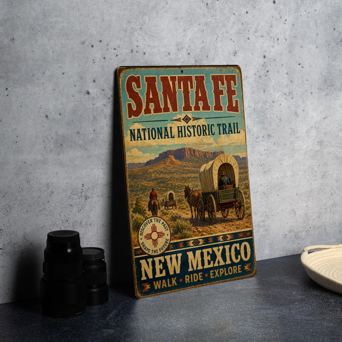 A vintage-style sign for the Santa Fe National Historic Trail in New Mexico, featuring an illustration of a covered wagon and a desert landscape.