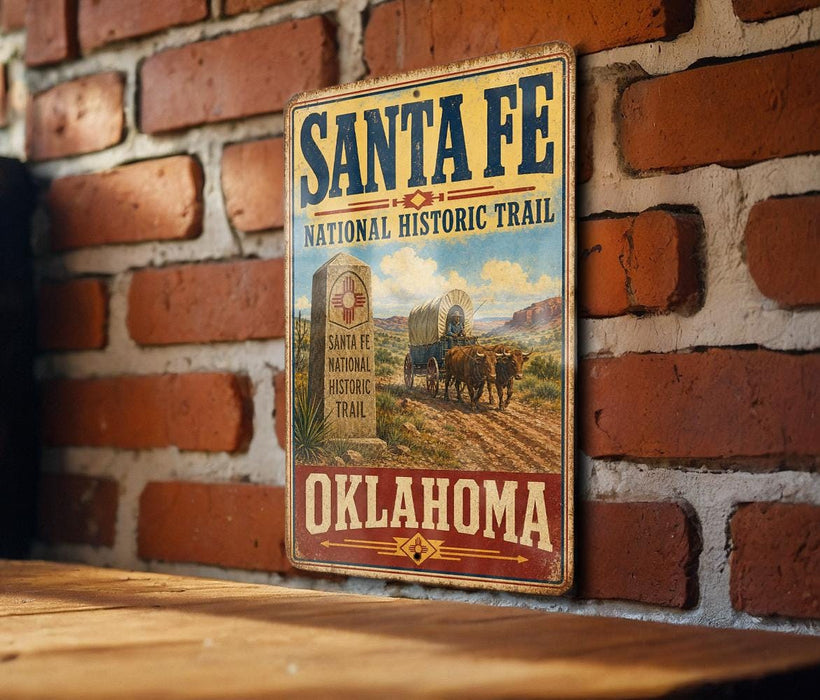 A vintage-style metal sign for the Santa Fe National Historic Trail in Oklahoma, featuring an illustration of a wagon train on a dirt road.