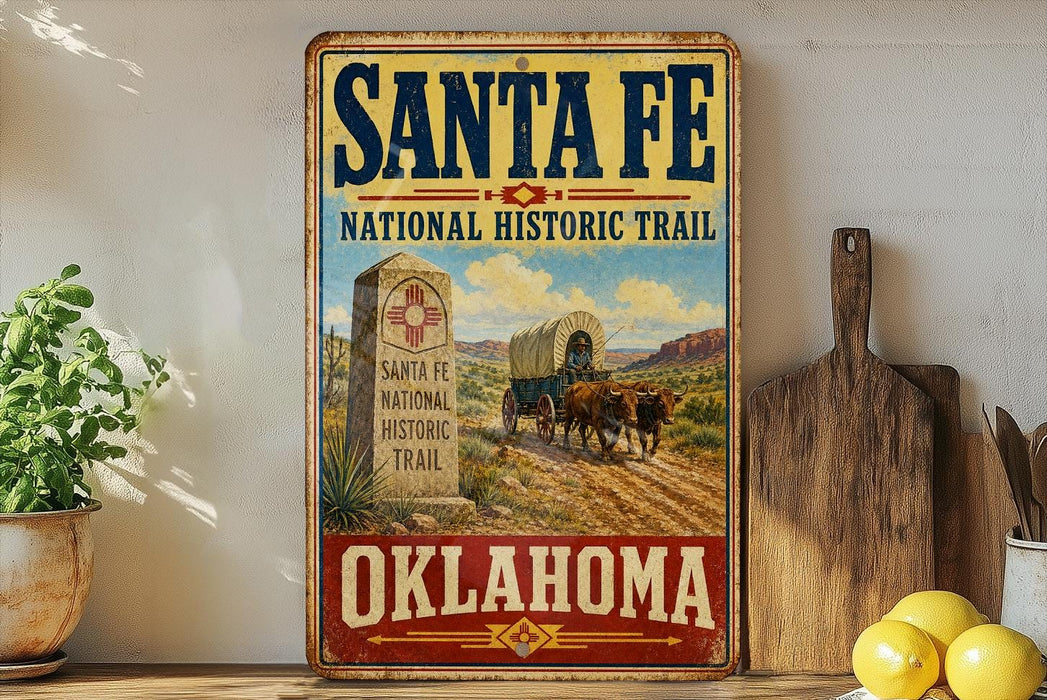 A vintage-style sign for Santa Fe National Historic Trail in Oklahoma, featuring a wagon and a desert landscape.