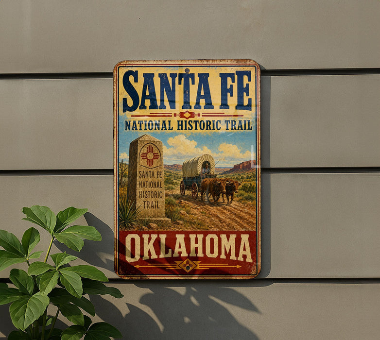 A vintage-style metal sign for the Santa Fe National Historic Trail in Oklahoma, featuring a wagon and a desert landscape.