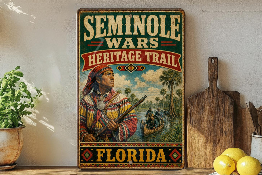 a vintage-style sign for the Florida Heritage Trail, with a painting of a Native American man holding a rifle and a canoe in a river. The sign is displayed on a shelf next to a wooden cutting board and a potted plant.
