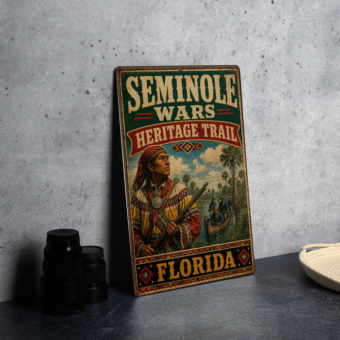 a vintage metal sign with the text "SEMINOLLE WARS HERITAGE TRAIL FLORIDA" and an illustration of a Native American man holding a rifle.