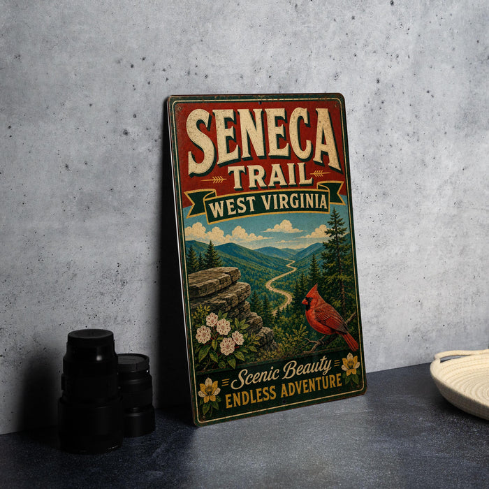 a vintage-style metal sign for the Seneca Trail in West Virginia, with a scenic mountain landscape and a red cardinal bird.